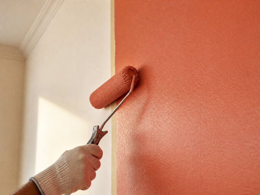 Detalle de un rodillo aplicando pintura sobre una pared con un corte limpio