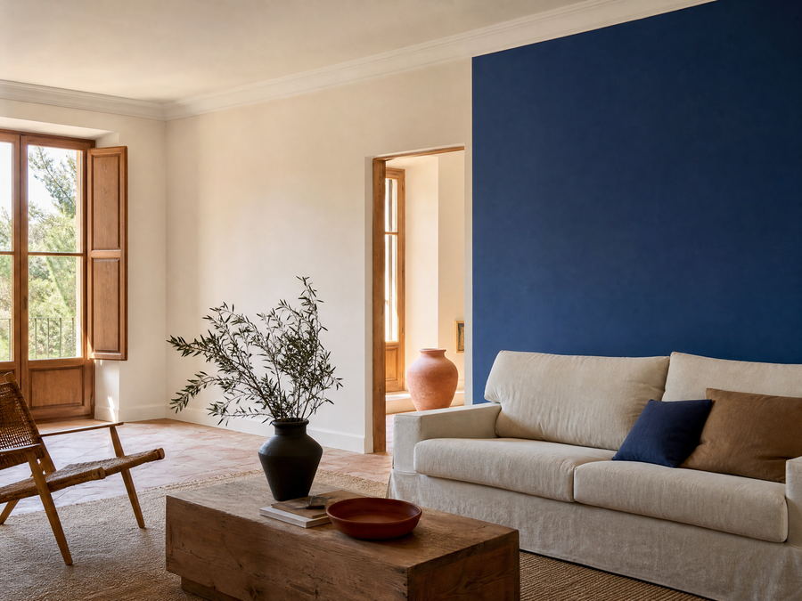 Salón residencial renovado con una pared pintada en azul cobalto